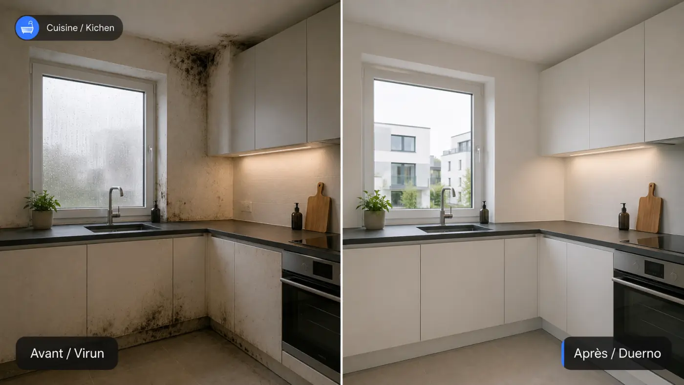 Avant après d’une cuisine avec moisissures, condensation et humidité au Luxembourg