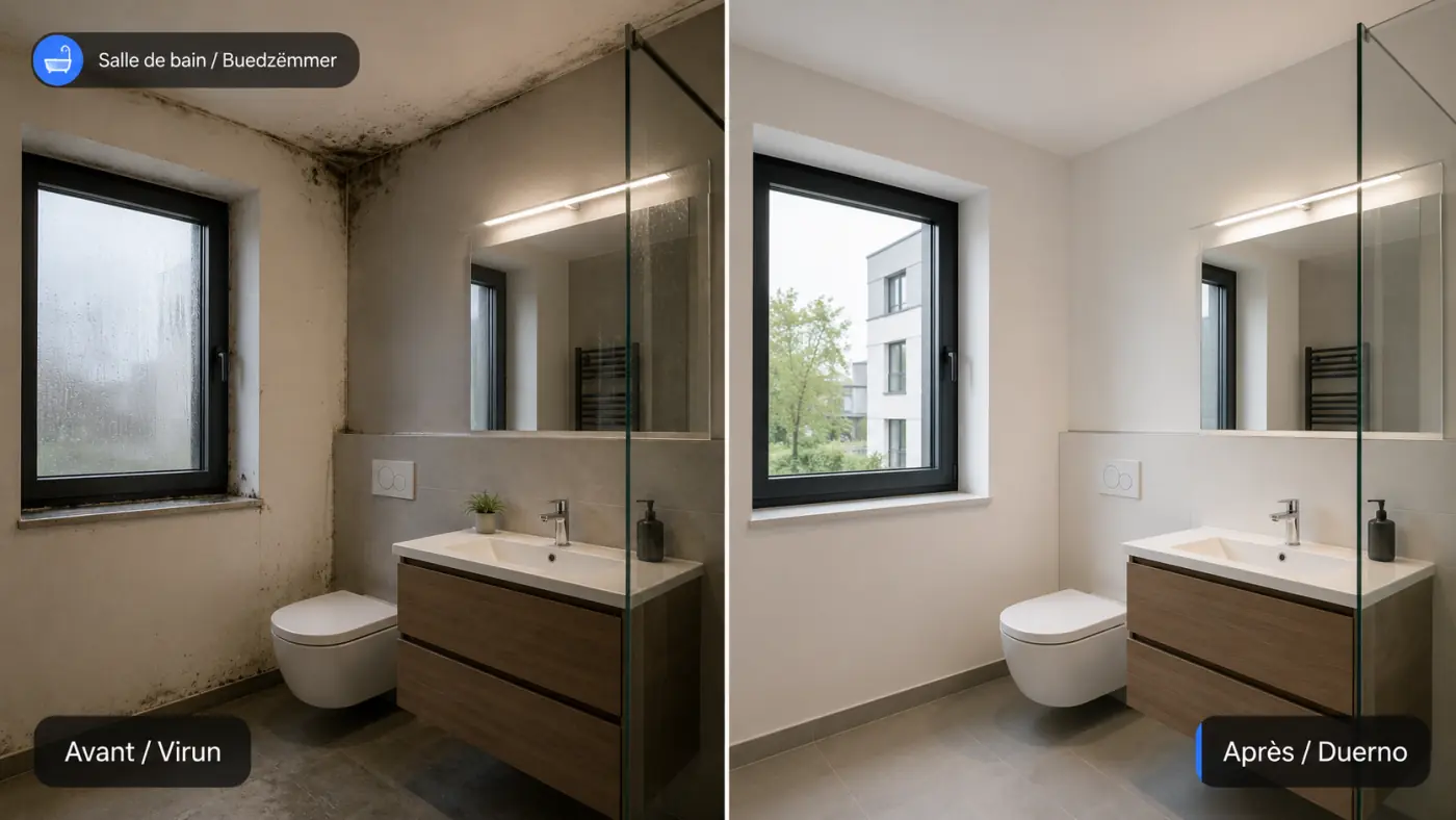Avant après d’une salle de bain avec moisissures, humidité et ventilation améliorée au Luxembourg