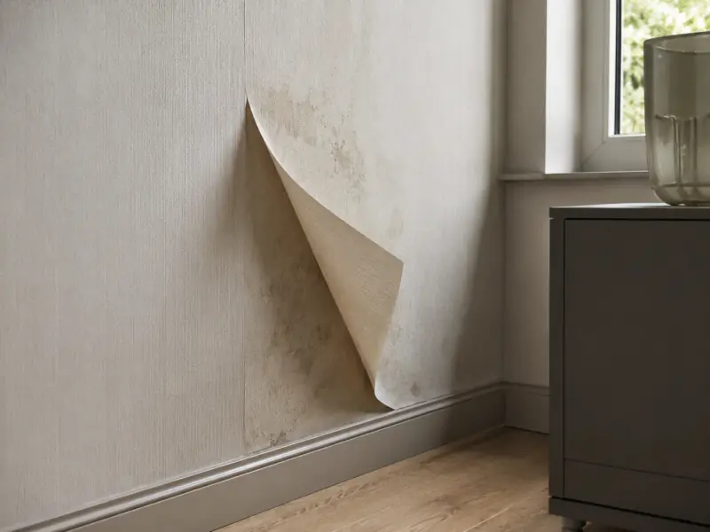 Papier peint qui se décolle à cause d’une humidité persistante derrière la surface